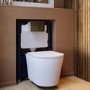 Matt White Wall Hung Rimless Toilet with Soft Close Seat Brass Pneumatic Flush Plate 820mm Frame & Cistern - Verona