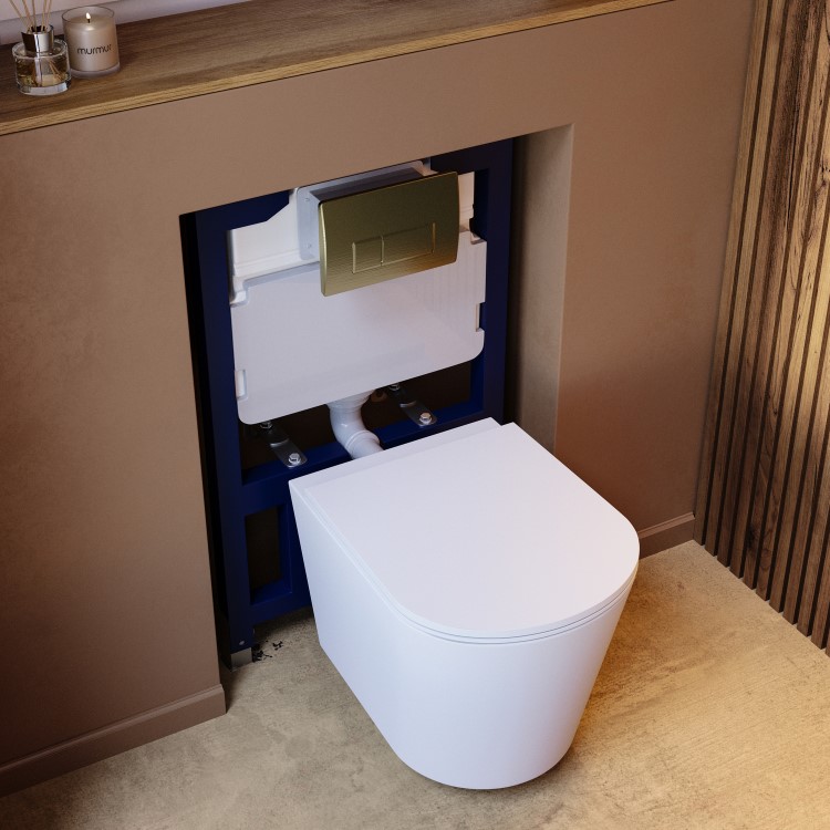 Matt White Wall Hung Rimless Toilet with Soft Close Seat Brass Pneumatic Flush Plate 820mm Frame & Cistern - Verona