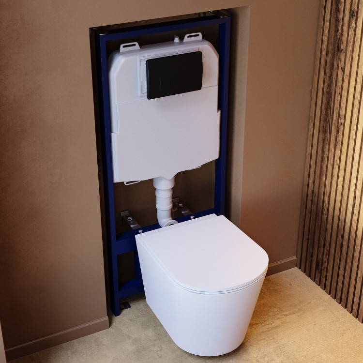 Matt White Wall Hung Rimless Toilet with Soft Close Seat Black Pneumatic Flush Plate 1170mm Frame & Cistern - Verona