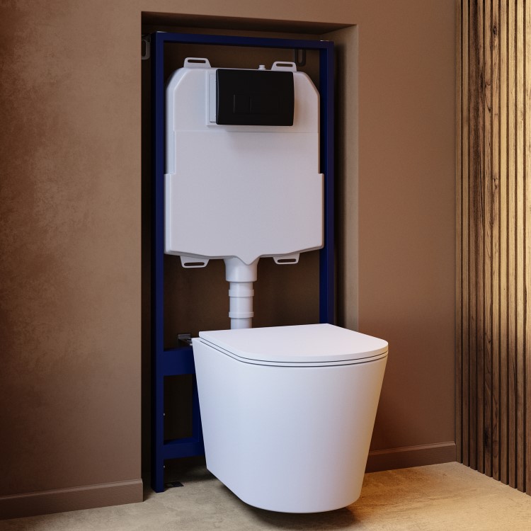Matt White Wall Hung Rimless Toilet with Soft Close Seat Black Pneumatic Flush Plate 1170mm Frame & Cistern - Verona