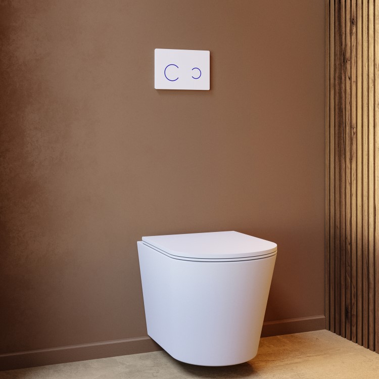 Matt White Wall Hung Rimless Toilet with Soft Close Seat White Glass Sensor Pneumatic Flush Plate 1170mm Frame & Cistern - Verona