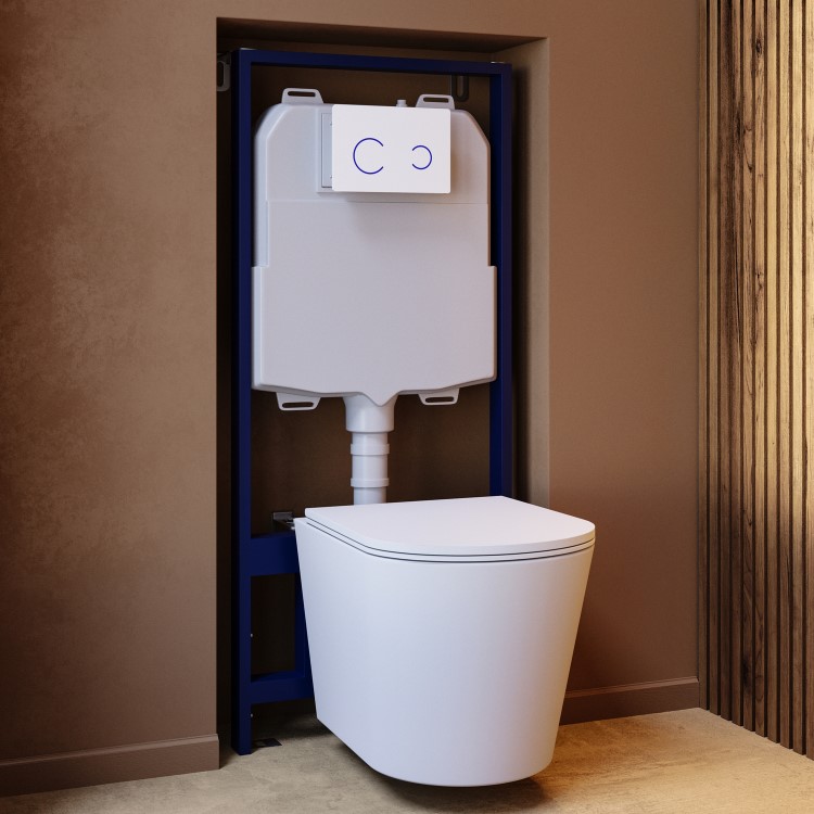 Matt White Wall Hung Rimless Toilet with Soft Close Seat White Glass Sensor Pneumatic Flush Plate 1170mm Frame & Cistern - Verona