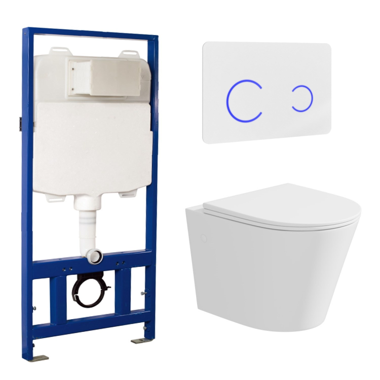Matt White Wall Hung Rimless Toilet with Soft Close Seat, White Glass Sensor Flush Plate, 1168mm Frame & Cistern – Verona