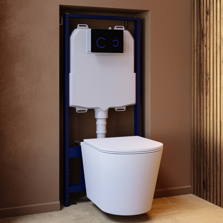 Matt White Wall Hung Rimless Toilet with Soft Close Seat Black Glass Sensor Pneumatic Flush Plate 1170mm Frame & Cistern - Verona