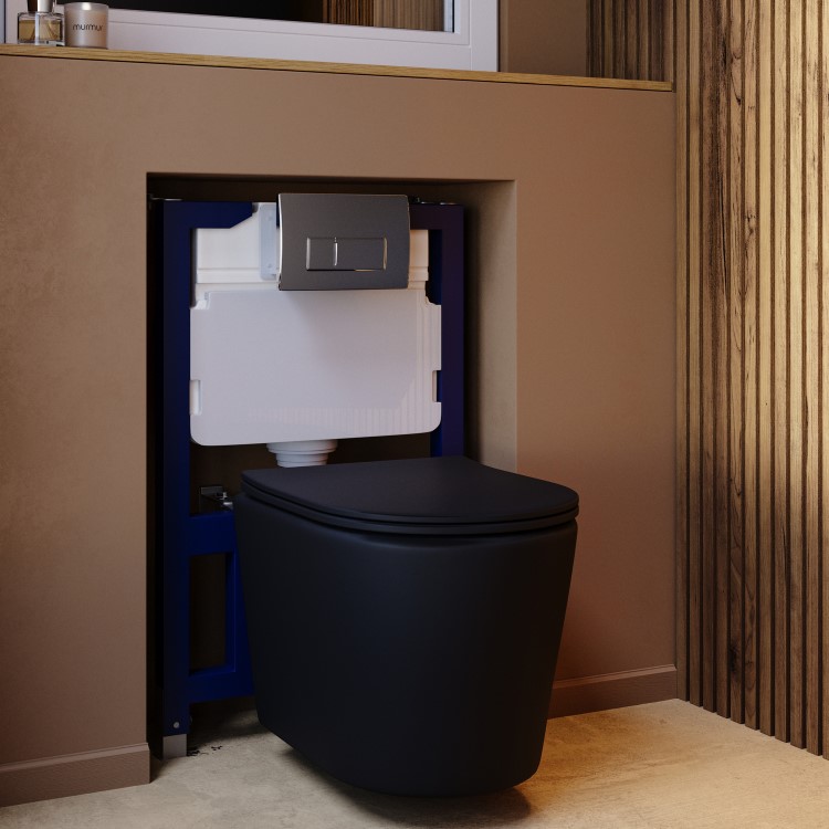 Matt Black Wall Hung Rimless Short Projection Toilet with Soft Close Seat – Verona