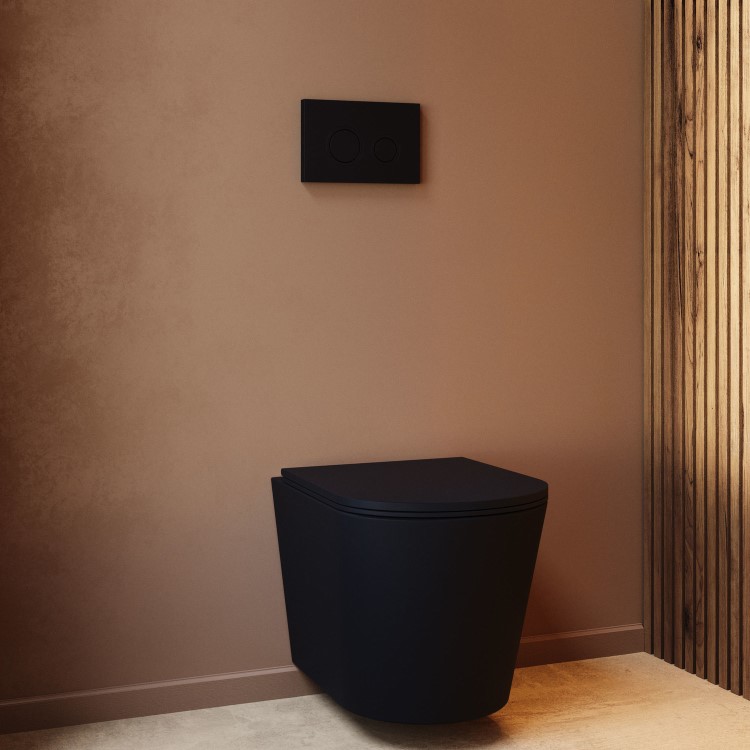 Matt Black Wall Hung Rimless Toilet with Soft Close Seat, Black Mechanical Flush Plate, 1168mm Frame & Cistern – Verona