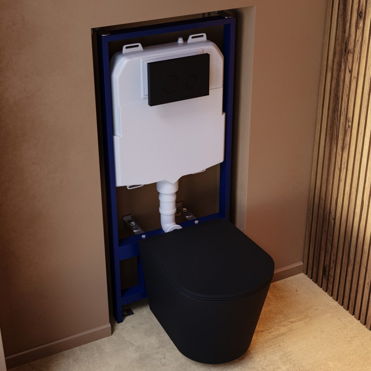 Matt Black Wall Hung Rimless Toilet with Soft Close Seat, Black Mechanical Flush Plate, 1168mm Frame & Cistern – Verona