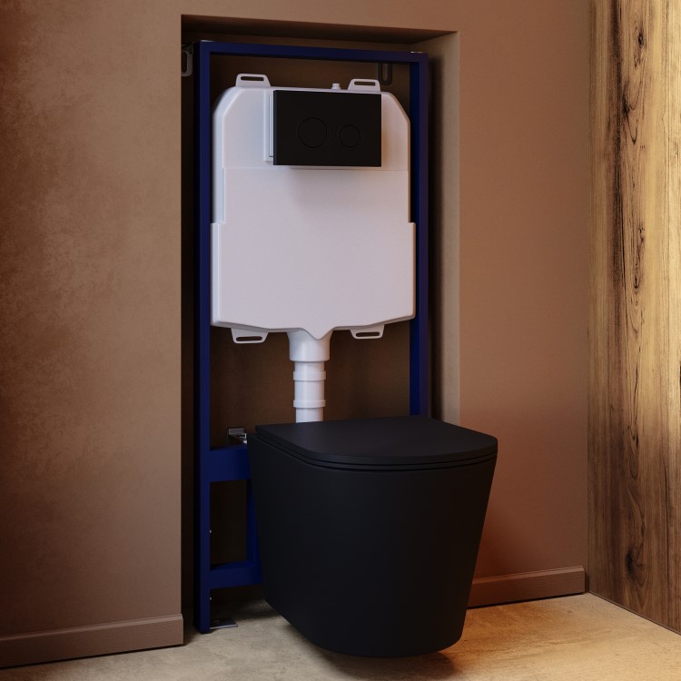 Matt Black Wall Hung Rimless Toilet with Soft Close Seat, Black Mechanical Flush Plate, 1168mm Frame & Cistern – Verona