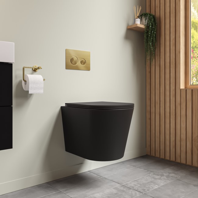 Black Wall Hung Rimless Toilet with Soft Close Seat Cistern Frame and Brushed Brass Flush - Verona