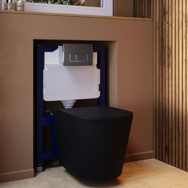 Matt Black Wall Hung Rimless Toilet with Soft Close Seat, Chrome Pneumatic Flush Plate, 820mm Frame & Cistern – Verona