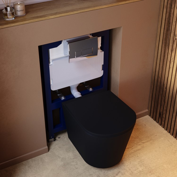 Matt Black Wall Hung Rimless Toilet with Soft Close Seat, Chrome Pneumatic Flush Plate, 820mm Frame & Cistern – Verona
