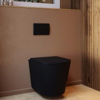 Matt Black Wall Hung Rimless Toilet with Soft Close Seat, Black Pneumatic Flush Plate, 820mm Frame & Cistern – Verona Matt Black Wall Hung Rimless Toilet with Soft Close Seat, Black Pneumatic Flush Plate, 820mm Frame & Cistern – Verona