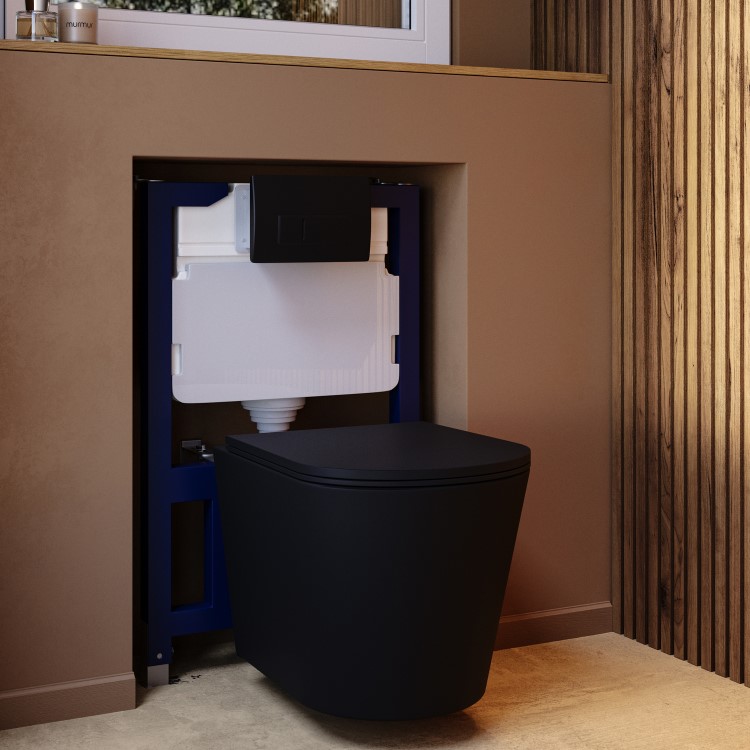 Matt Black Wall Hung Rimless Toilet with Soft Close Seat, Black Pneumatic Flush Plate, 820mm Frame & Cistern – Verona