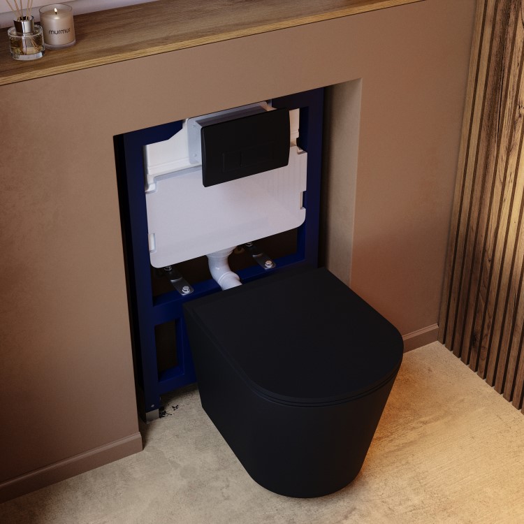 Matt Black Wall Hung Rimless Toilet with Soft Close Seat, Black Pneumatic Flush Plate, 820mm Frame & Cistern – Verona