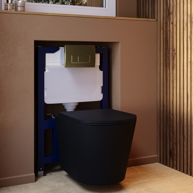 Matt Black Wall Hung Rimless Toilet with Soft Close Seat Brass Pneumatic Flush Plate 820mm Frame & Cistern - Verona