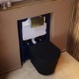 Matt Black Wall Hung Rimless Toilet with Soft Close Seat Brass Pneumatic Flush Plate 820mm Frame & Cistern - Verona