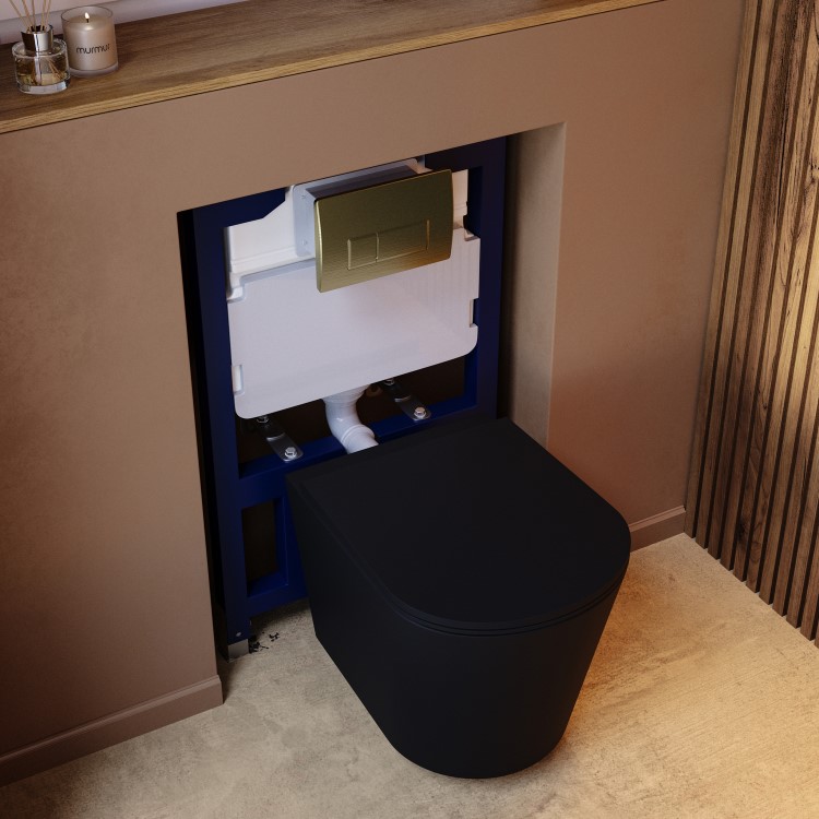 Matt Black Wall Hung Rimless Toilet with Soft Close Seat Brass Pneumatic Flush Plate 820mm Frame & Cistern - Verona