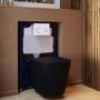 Matt Black Wall Hung Rimless Toilet with Soft Close Seat, White Glass Sensor Flush Plate, 820mm Frame & Cistern – Verona