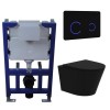 Matt Black Wall Hung Rimless Toilet with Soft Close Seat Black Glass Sensor Pneumatic Flush Plate 820mm Frame &amp; Cistern - Verona