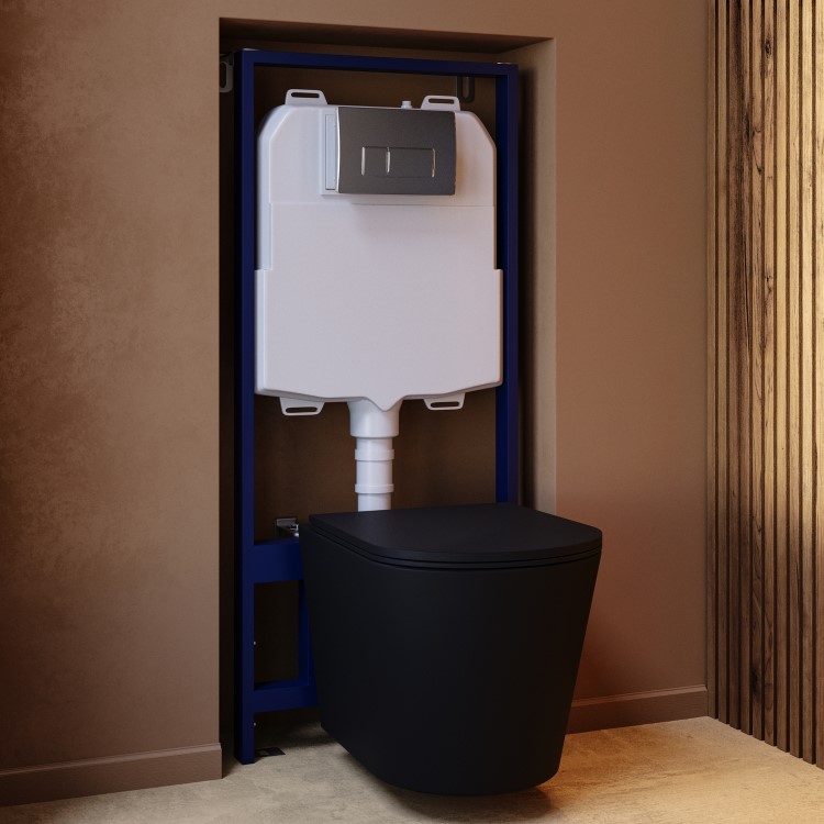 Matt Black Wall Hung Rimless Toilet with Soft Close Seat Chrome Pneumatic Flush Plate 1170mm Frame & Cistern - Verona