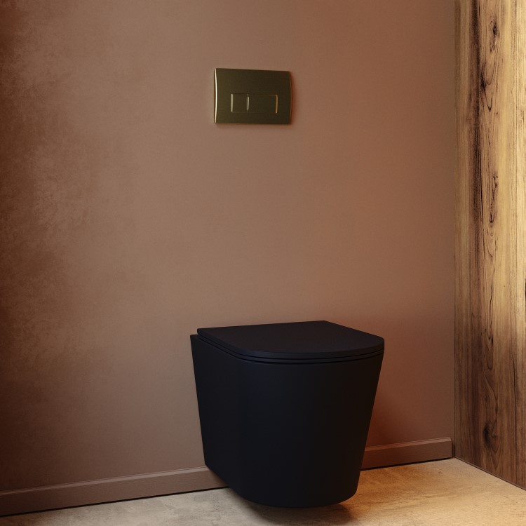 Matt Black Wall Hung Rimless Toilet with Soft Close Seat Brass Pneumatic Flush Plate 1170mm Frame & Cistern - Verona