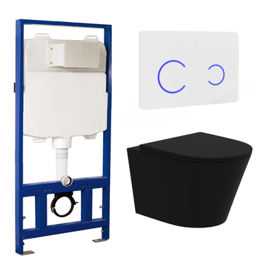 Matt Black Wall Hung Rimless Toilet with Soft Close Seat White Glass Sensor Pneumatic Flush Plate 1170mm Frame & Cistern - Verona