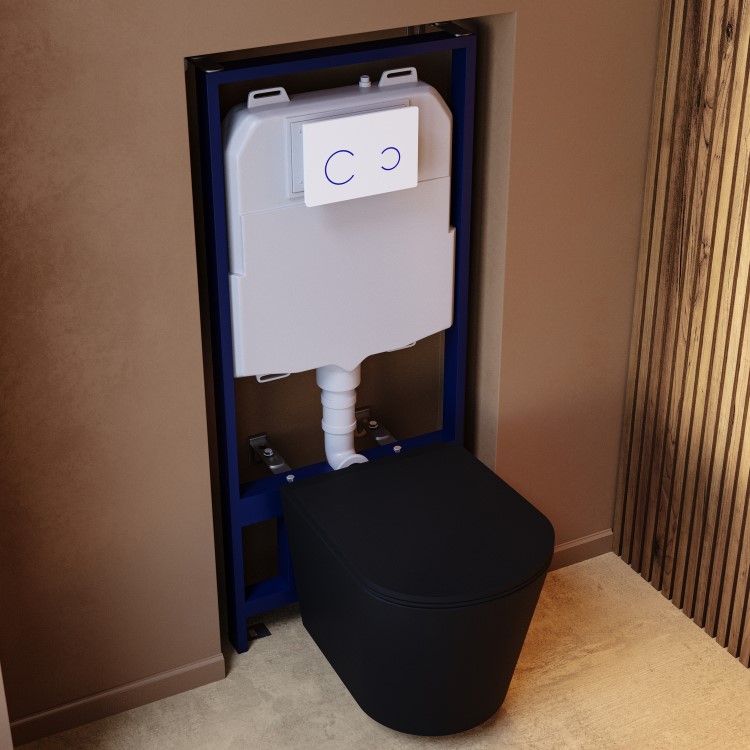 Matt Black Wall Hung Rimless Toilet with Soft Close Seat White Glass Sensor Pneumatic Flush Plate 1170mm Frame & Cistern - Verona