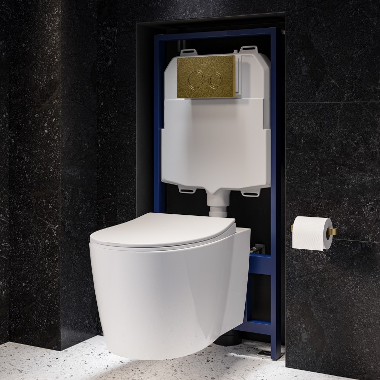 Wall Hung Rimless Toilet with Soft Close Seat, Brushed Brass Mechanical Flush Plate, 1168mm Frame & Cistern – Alcor