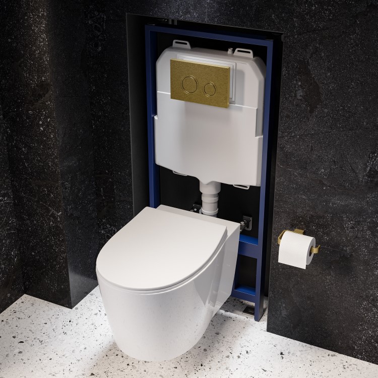 Wall Hung Rimless Toilet with Soft Close Seat, Brushed Brass Mechanical Flush Plate, 1168mm Frame & Cistern – Alcor