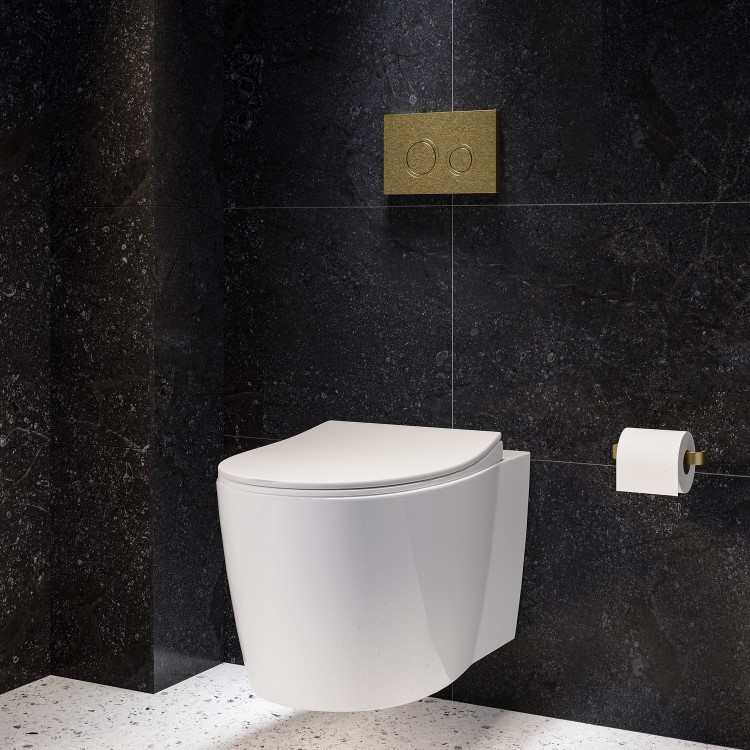 Wall Hung Rimless Toilet with Soft Close Seat, Brushed Brass Mechanical Flush Plate, 1168mm Frame & Cistern – Alcor
