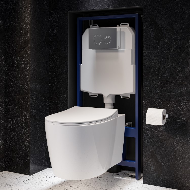Wall Hung Toilet with Soft Close Seat Frame Cistern and Chrome Flush - Alcor