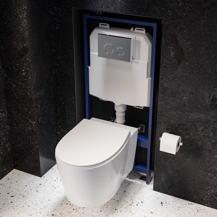 Wall Hung Toilet with Soft Close Seat Frame Cistern and Chrome Flush - Alcor