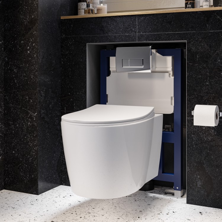 Wall Hung Toilet with Soft Close Seat Chrome Pneumatic Flush Plate 820mm Frame & Cistern - Alcor