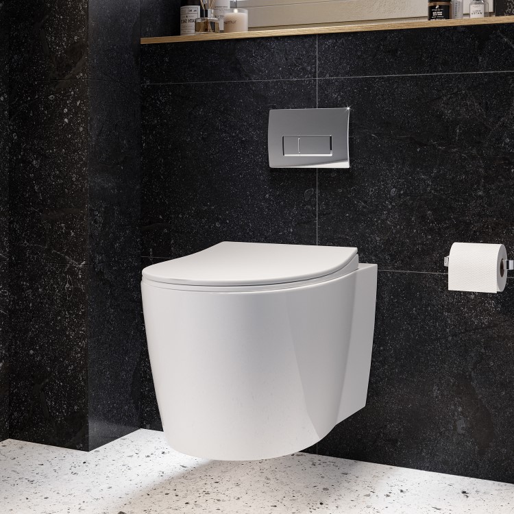 Wall Hung Toilet with Soft Close Seat Chrome Pneumatic Flush Plate 820mm Frame & Cistern - Alcor