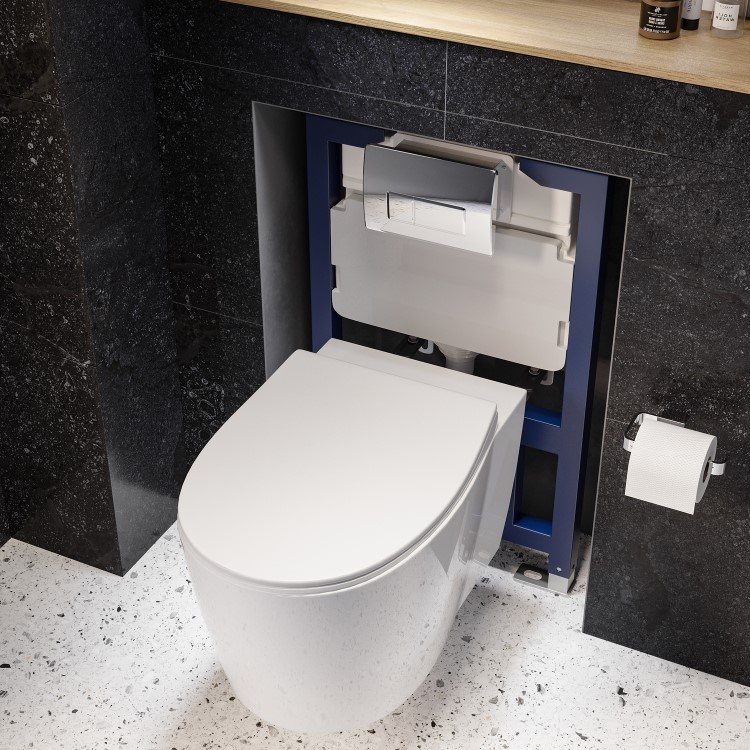 Wall Hung Toilet with Soft Close Seat Chrome Pneumatic Flush Plate 820mm Frame & Cistern - Alcor