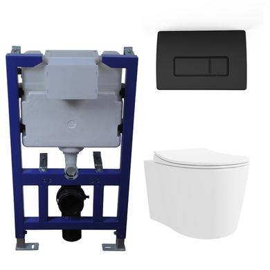 Wall Hung Toilet with Close Seat Matt Black Pneumatic Flush Plate 820mm Frame & Cistern - Alcor