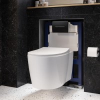 Wall Hung Toilet with Close Seat Matt Black Pneumatic Flush Plate 820mm Frame & Cistern - Alcor