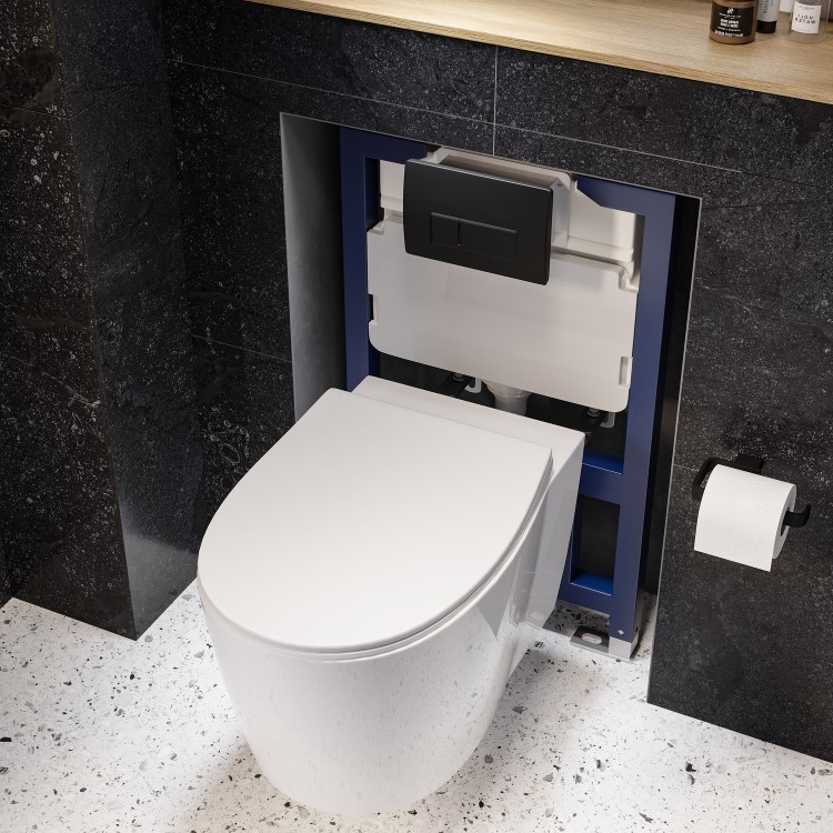 Wall Hung Toilet with Close Seat Matt Black Pneumatic Flush Plate 820mm Frame & Cistern - Alcor
