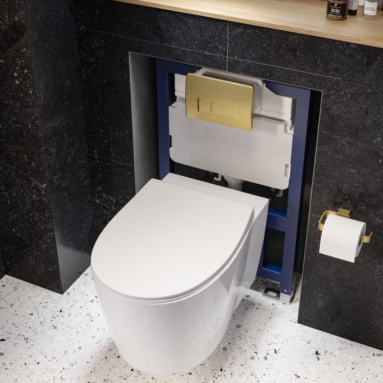 Wall Hung Toilet with Soft Close Seat Brushed Brass Pneumatic Flush Plate 820mm Frame & Cistern - Alcor