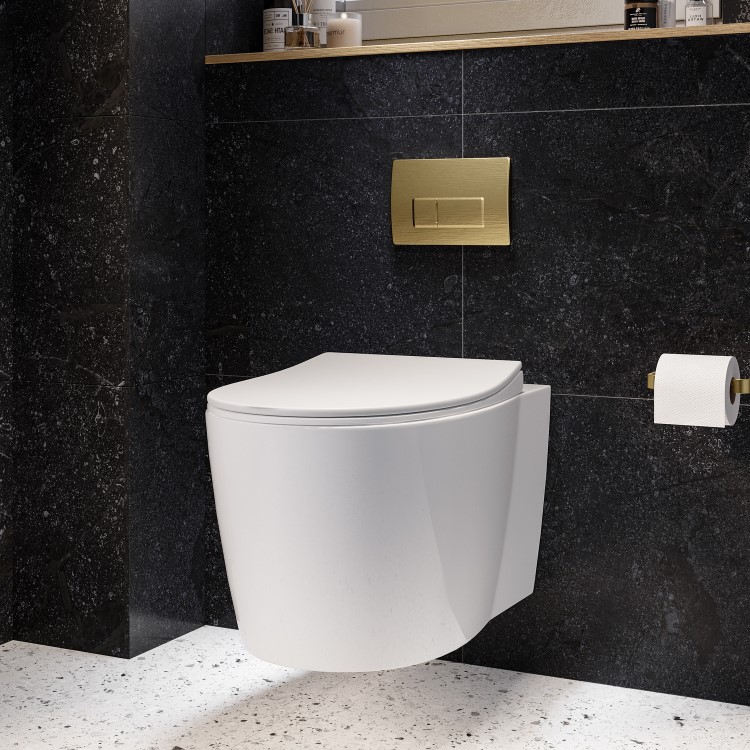 Wall Hung Toilet with Soft Close Seat Brushed Brass Pneumatic Flush Plate 820mm Frame & Cistern - Alcor