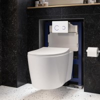 Wall Hung Toilet with Soft Close Seat White Glass Sensor Pneumatic Flush Plate 820mm Frame & Cistern - Alcor Wall Hung Toilet with Soft Close Seat White Glass Sensor Pneumatic Flush Plate 820mm Frame & Cistern - Alcor