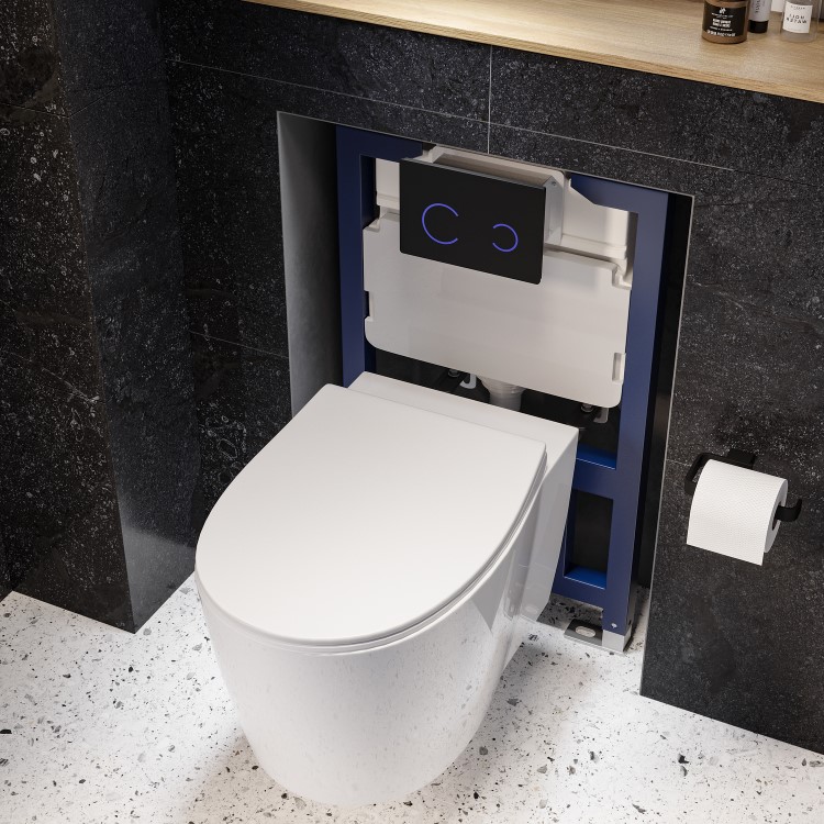 Wall Hung Toilet with Soft Close Seat Black Glass Sensor Pneumatic Flush Plate 820mm Frame & Cistern - Alcor