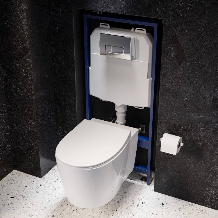 Wall Hung Toilet with Soft Close Seat Chrome Pneumatic Flush Plate 1170mm Frame & Cistern - Alcor