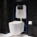 BUN/BeBa_25867/88982 Wall Hung Rimless Toilet with Soft Close Seat, Matt Black Pneumatic Flush Plate, 1168mm Frame & Cistern – Alcor