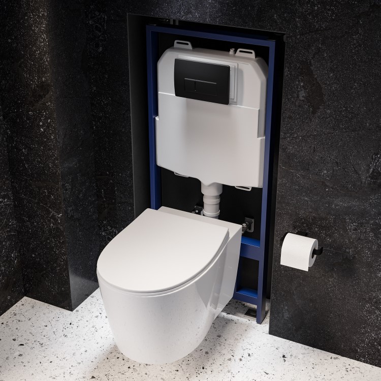 Wall Hung Toilet with Close Seat Matt Black Pneumatic Flush Plate 1170mm Frame & Cistern - Alcor