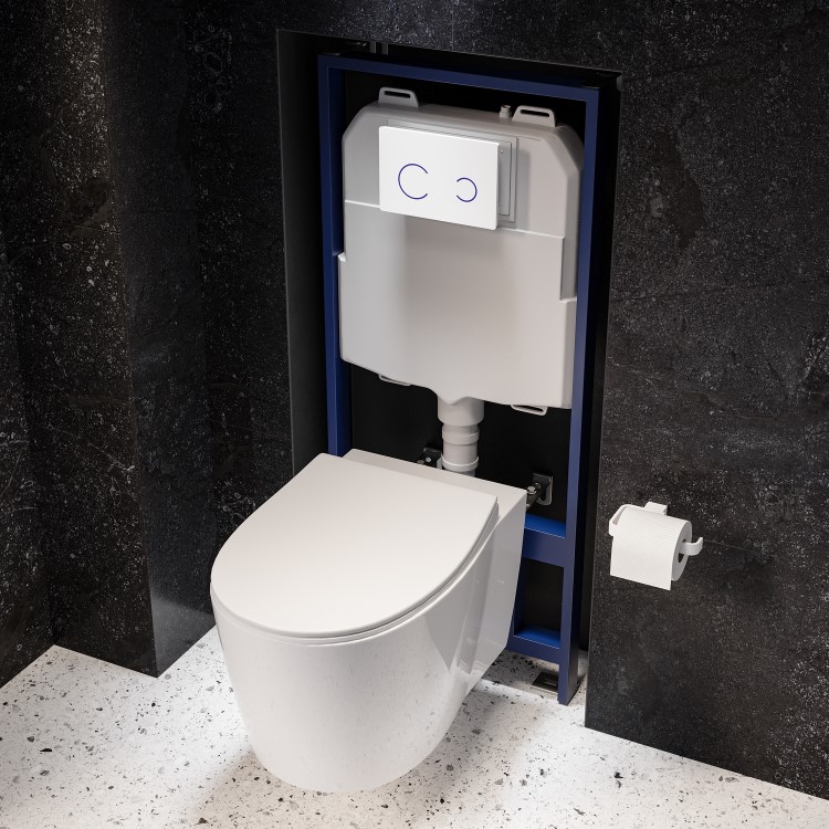 Wall Hung Toilet with Soft Close Seat White Glass Sensor Pneumatic Flush Plate 1170mm Frame & Cistern - Alcor