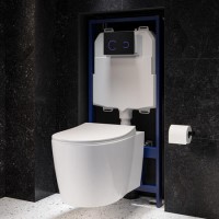 Wall Hung Toilet with Soft Close Seat Black Glass Sensor Pneumatic Flush Plate 1170mm Frame & Cistern - Alcor