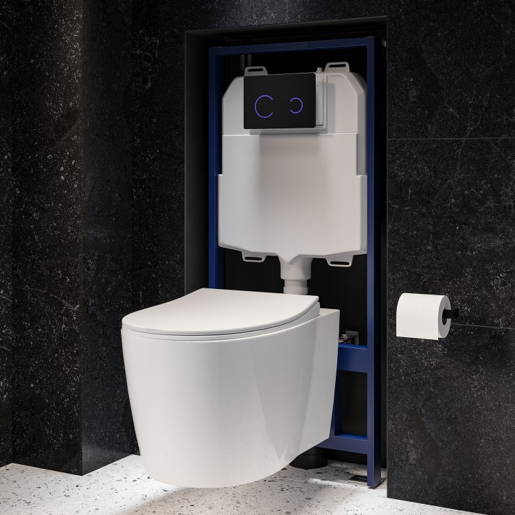 Wall Hung Toilet with Soft Close Seat Black Glass Sensor Pneumatic Flush Plate 1170mm Frame & Cistern - Alcor