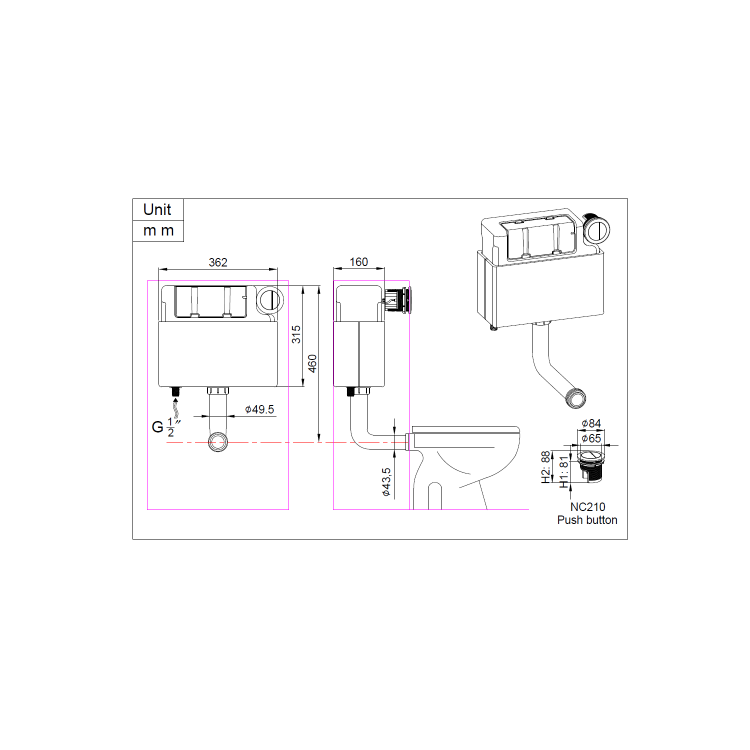 Arissa Brushed Brass Pneumatic Push Button and Cistern