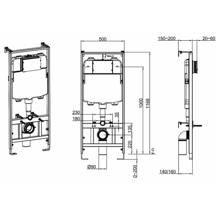 Concealed Cistern with 1170mm Wall Hung Toilet Frame and Matt Black Mechanical Flush Plate - Zana